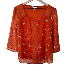 Lauren Conrad Floral Scoop Neck Blouse Women Size Large Burnt Orange Rust Pleate